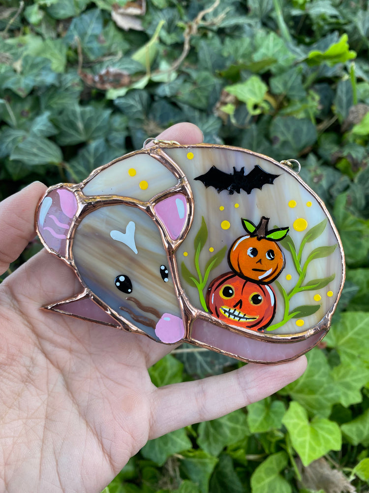 Mini Tan Rat with Stacked Pumpkins Stained Glass Suncatcher