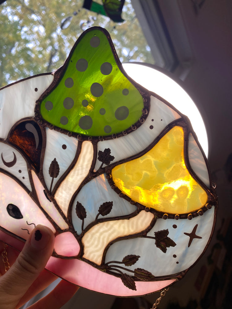 Enchanted Copper Mushroom Opossum Stained Glass Suncatcher