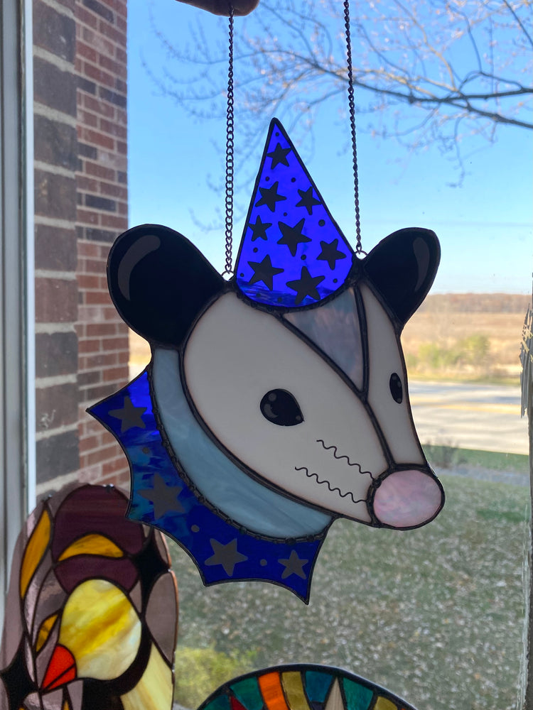 Blue Iridescent Wizard Opossum Stained Glass Suncatcher