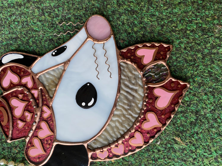 Pink Heart Cowgirl Opossum Stained Glass Suncatcher