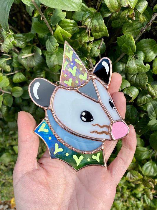 Green Iridescent Heart Opossum Stained Glass Ornament