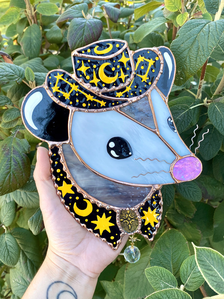 Celestial Cowboy Opossum Stained Glass Suncatcher