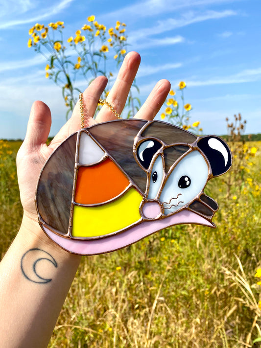 Golden Candy Corn Opossum Stained Glass Suncatcher