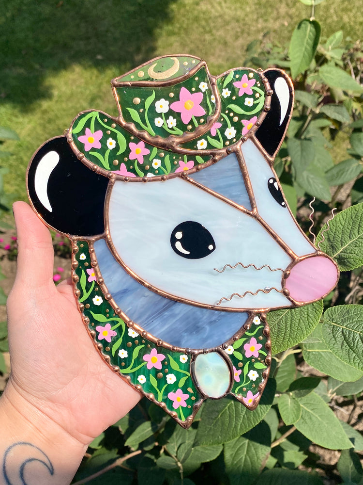 Midsummer Cowboy Opossum Stained Glass Suncatcher