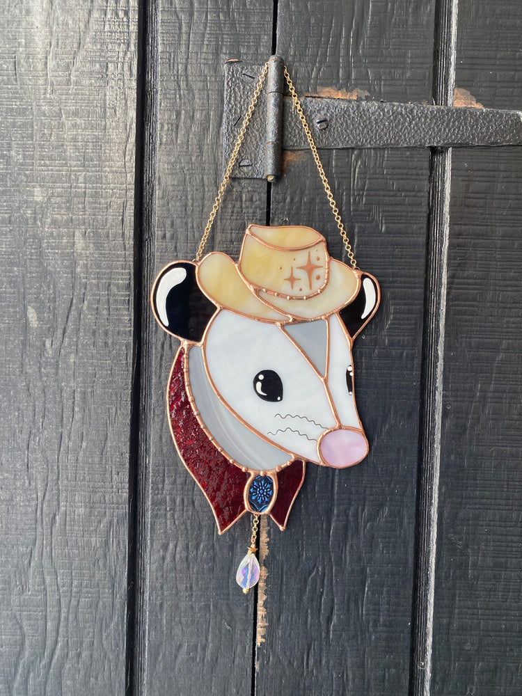 Cowboy Opossum Stained Glass Suncatcher