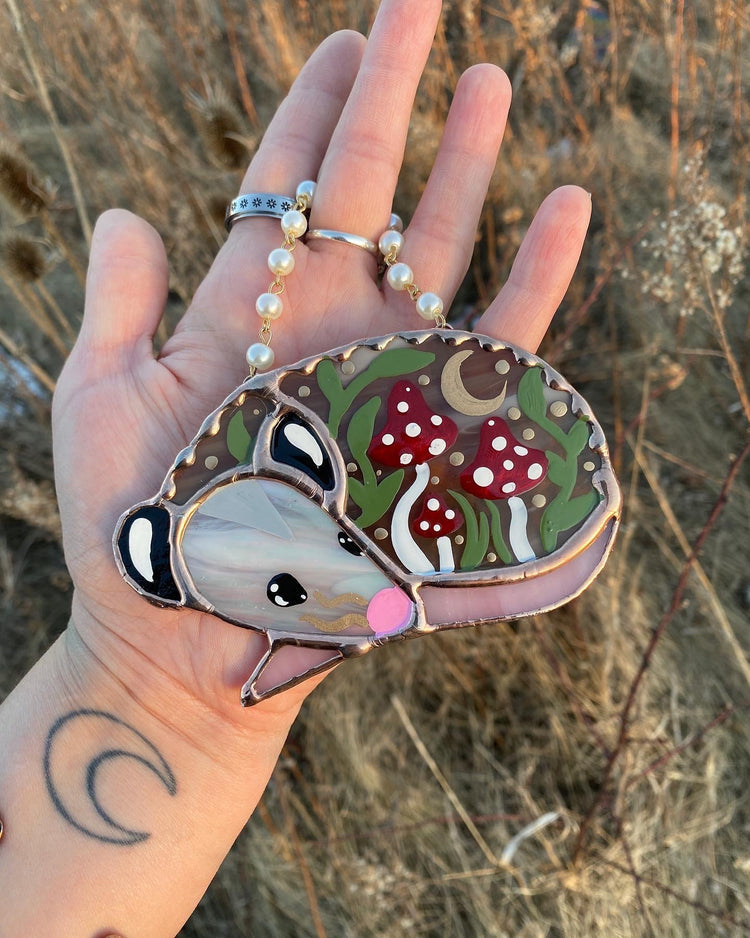 Mini Sleepy Red Mushroom Opossum Stained Glass Ornament