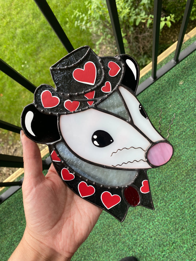 Red Heart Cowboy Opossum Stained Glass Suncatcher