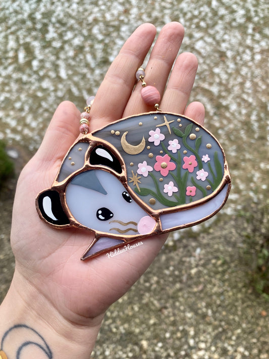 Pink Floral Opossum Stained Glass Ornament #1