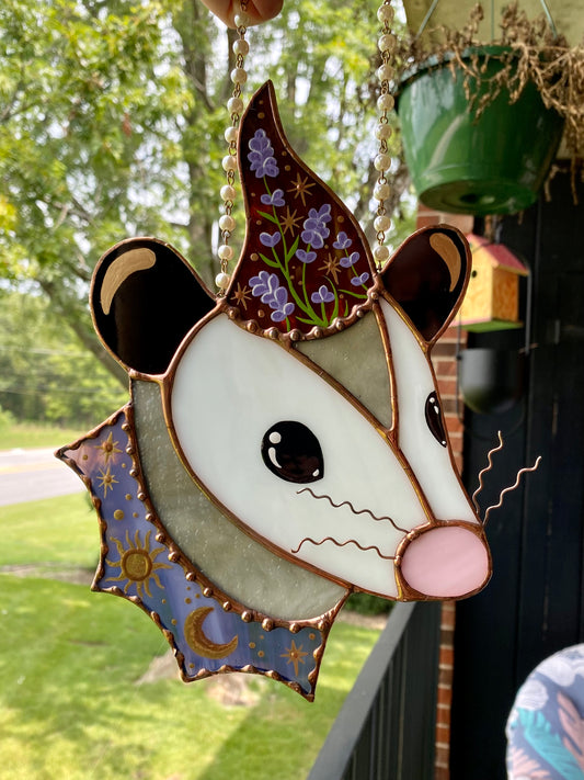 Lavender Wizard Opossum Stained Glass Suncatcher