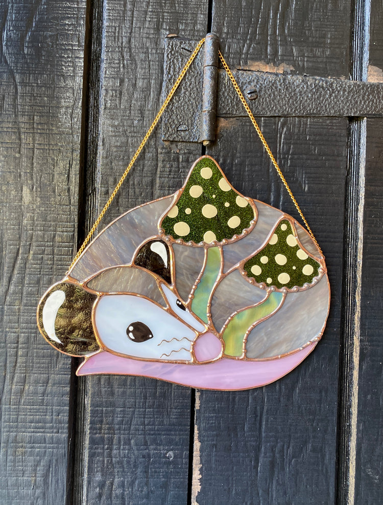 Enchanted Green Mushroom Opossum Stained Glass Suncatcher