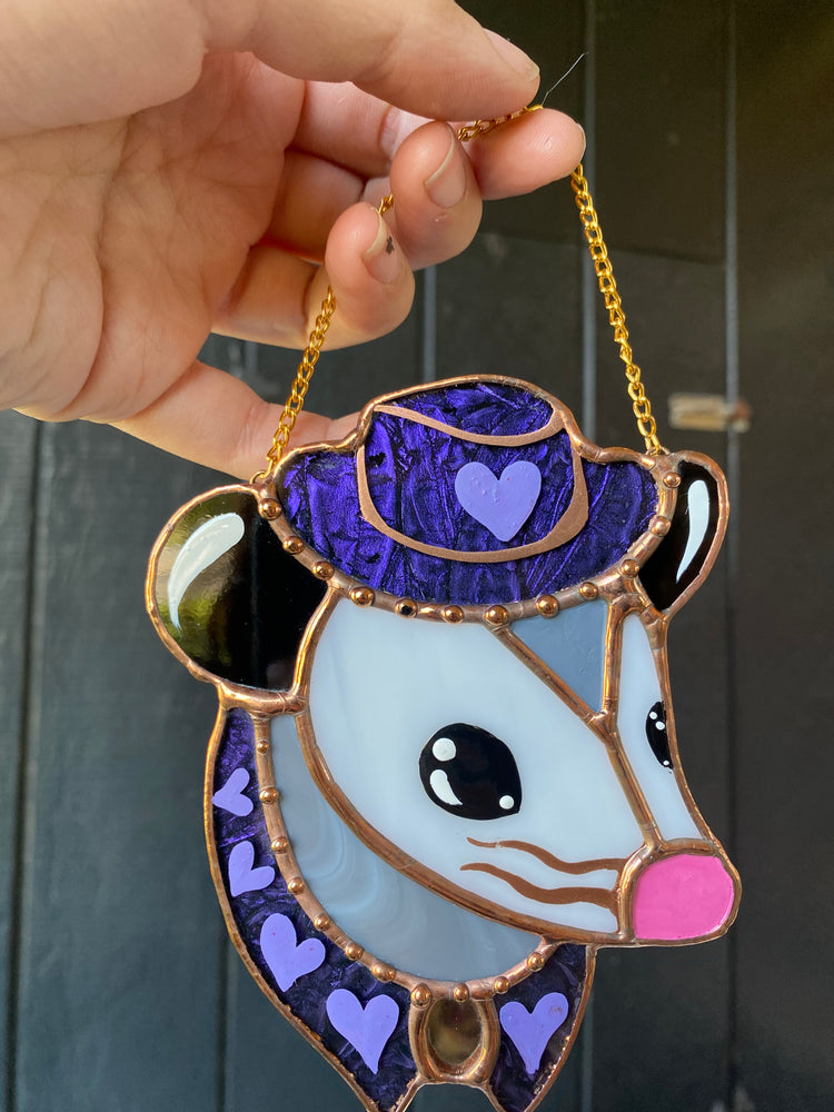 Mini Purple Cowboy Opossum Stained Glass Ornament