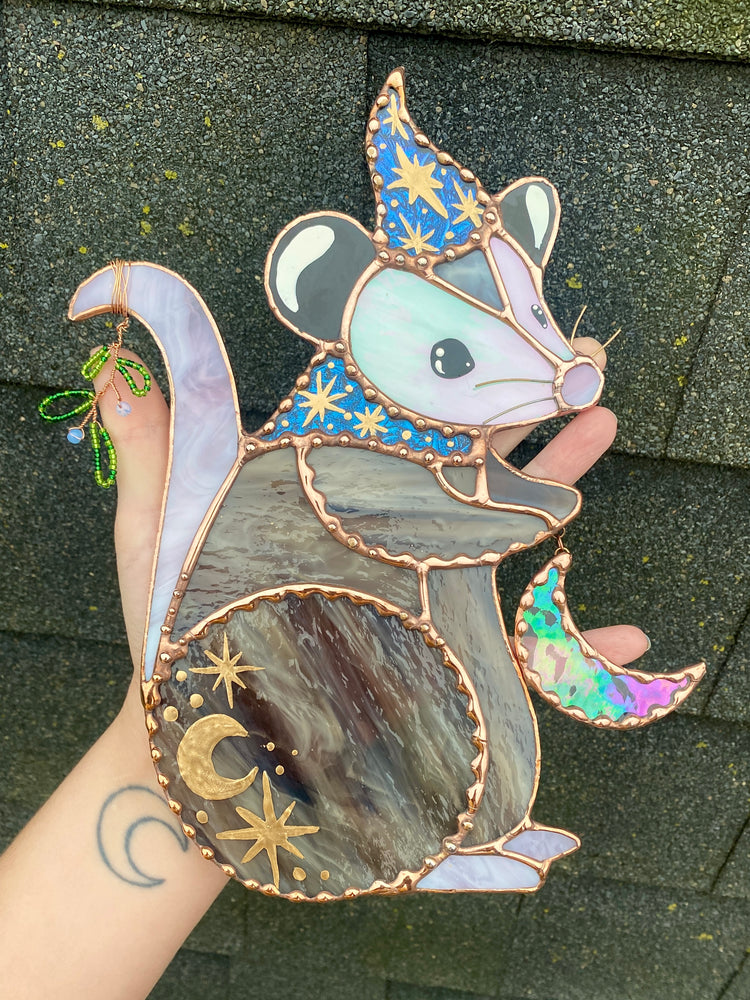 Winter Wizard Opossum Stained Glass Suncatcher