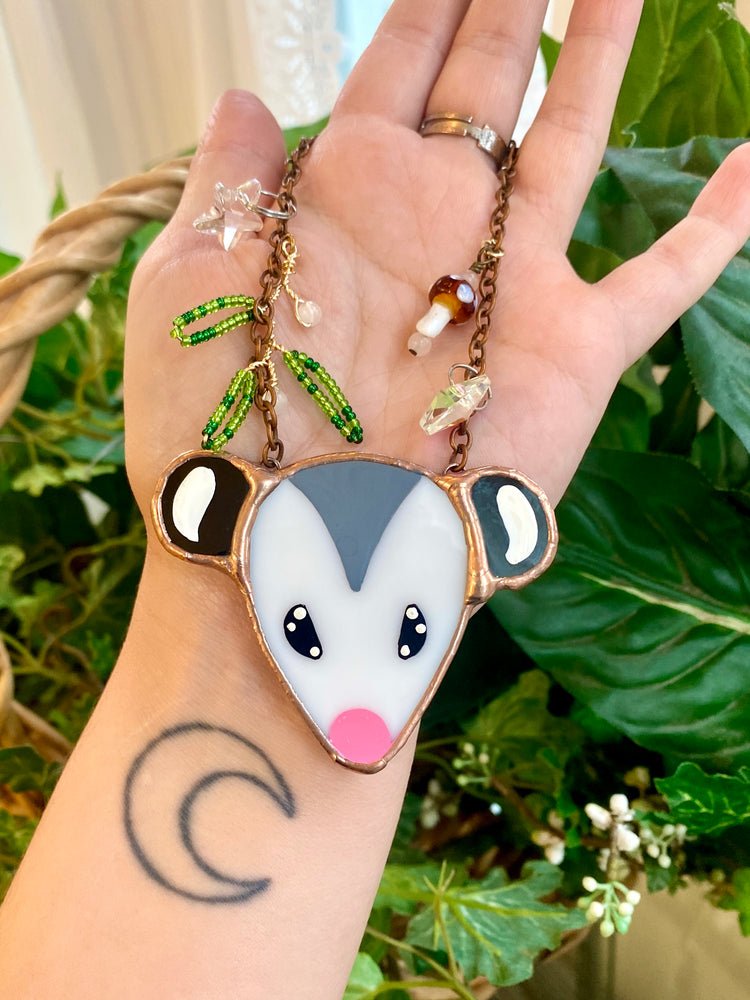 Forest Frenzy Opossum Stained Glass Car Charm