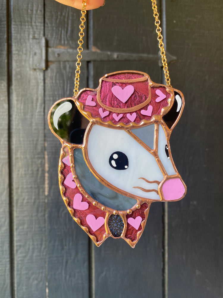 Mini Pink Pony Opossum Stained Glass Ornament