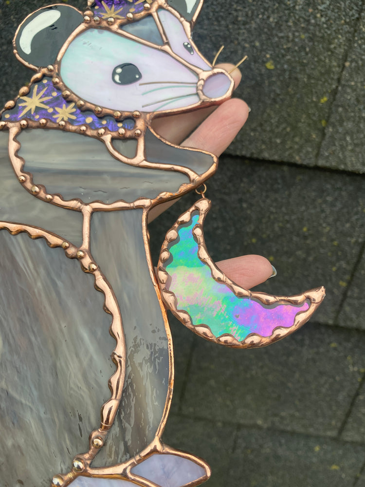 Winter Wizard Opossum Stained Glass Suncatcher