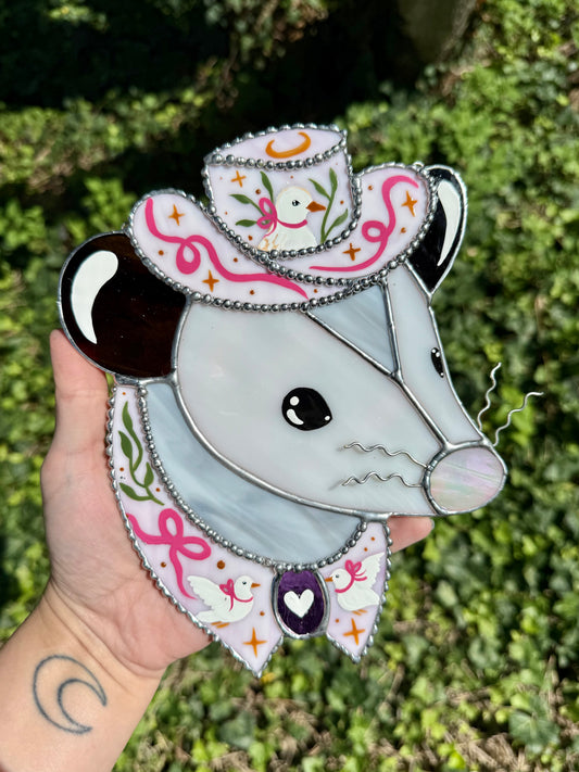 Pink Pigeon Opossum Stained Glass Suncatcher
