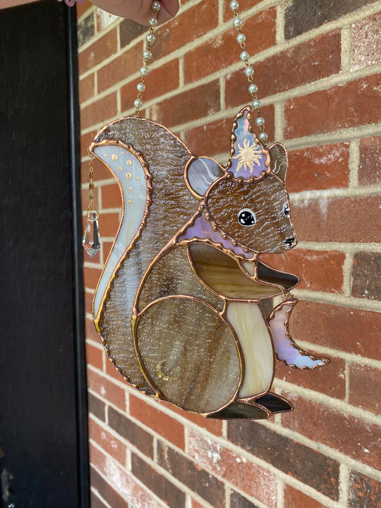 Moon Squirrel Wizard Stained Glass Suncatcher