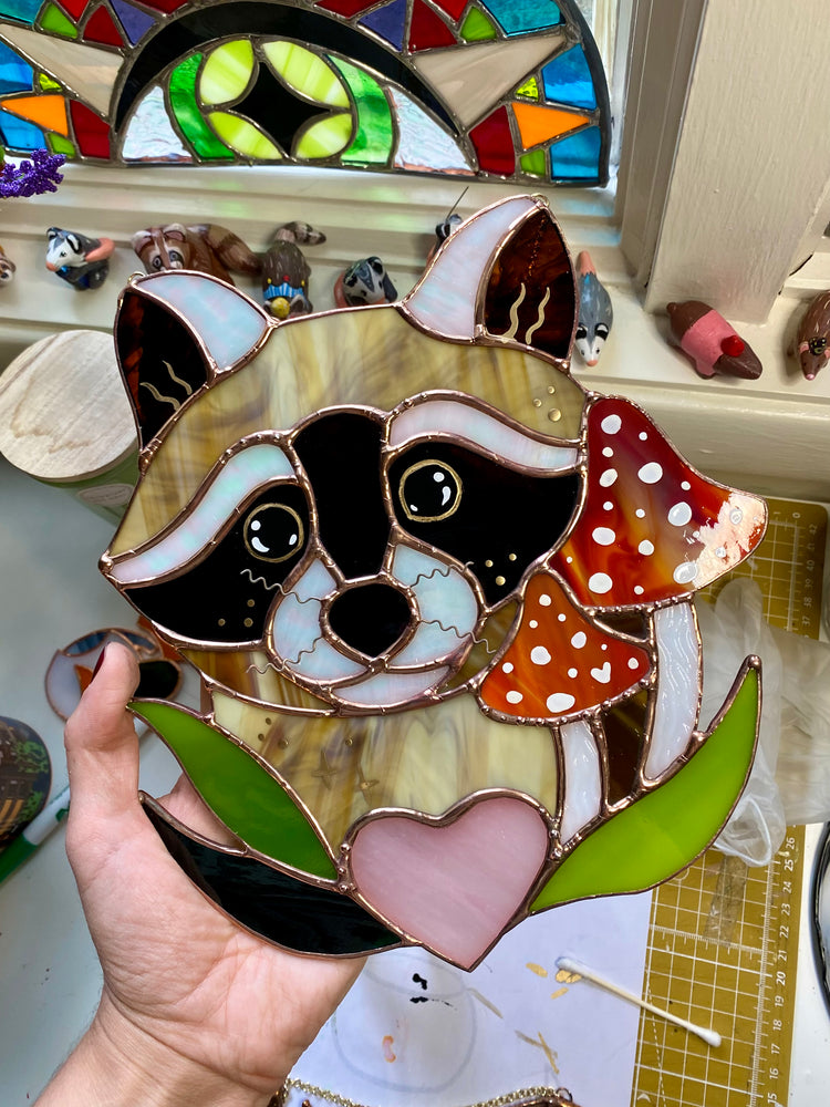 Mushroom Raccoon Stained Glass Suncatcher