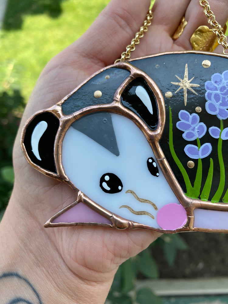 Sleepy Lavender Opossum Stained Glass Ornament