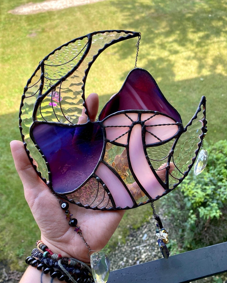 Spiderweb Mushroom Moon Stained Glass Suncatcher