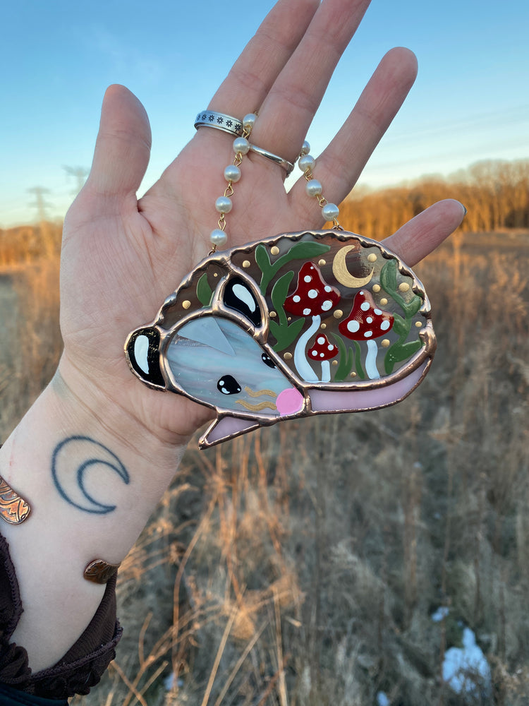 Mini Sleepy Red Mushroom Opossum Stained Glass Ornament