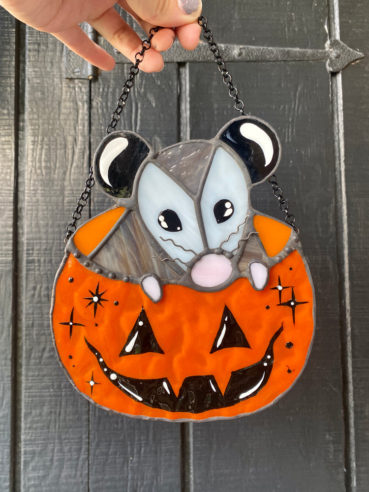 Trick-or-Treat Opossum Stained Glass Suncatcher