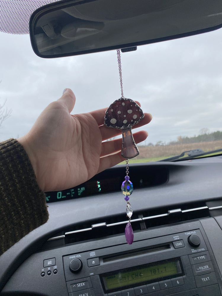 Whimsy Purple Mushroom Stained Glass Car Charm