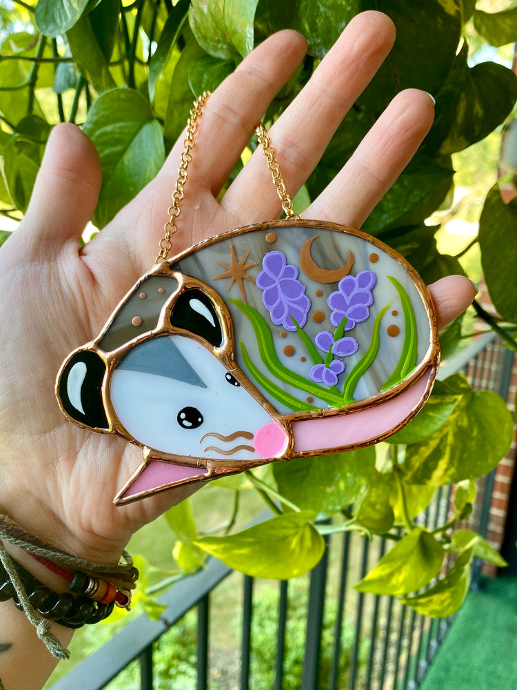 Sleepy Lavender Opossum Stained Glass Ornament