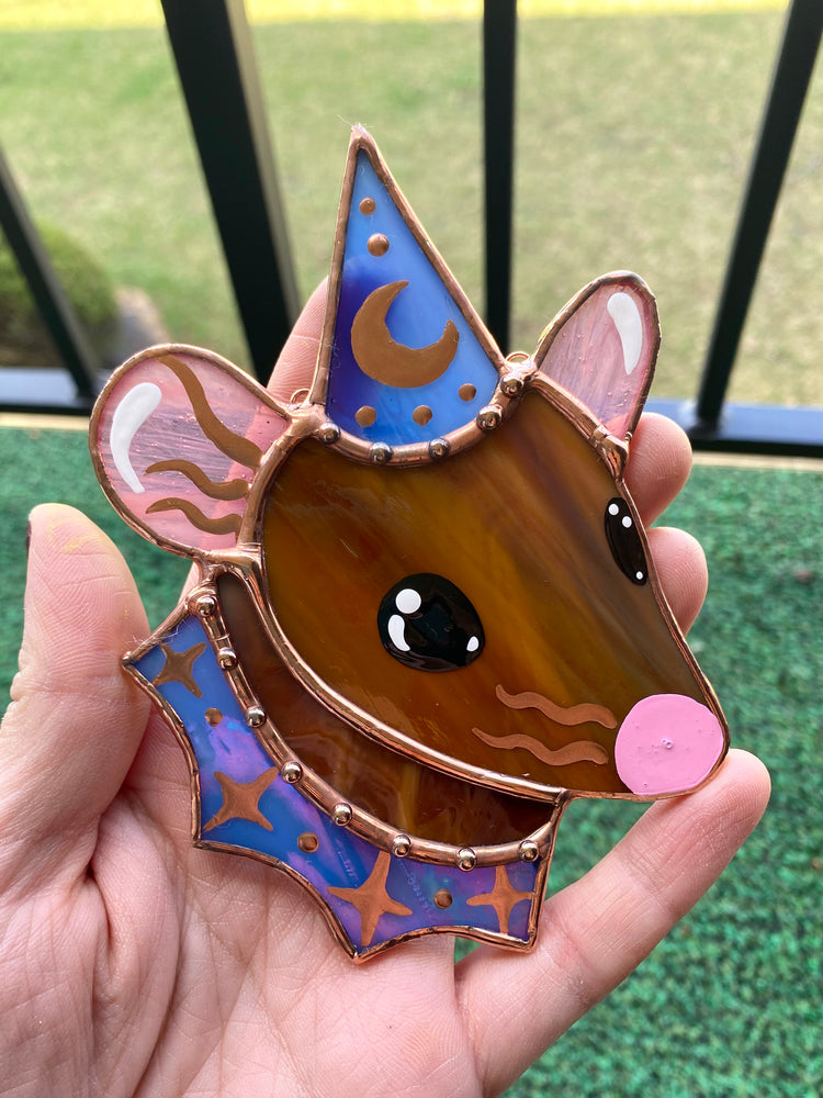 Mini Brown and Blue Wizard Rat Stained Glass Ornament