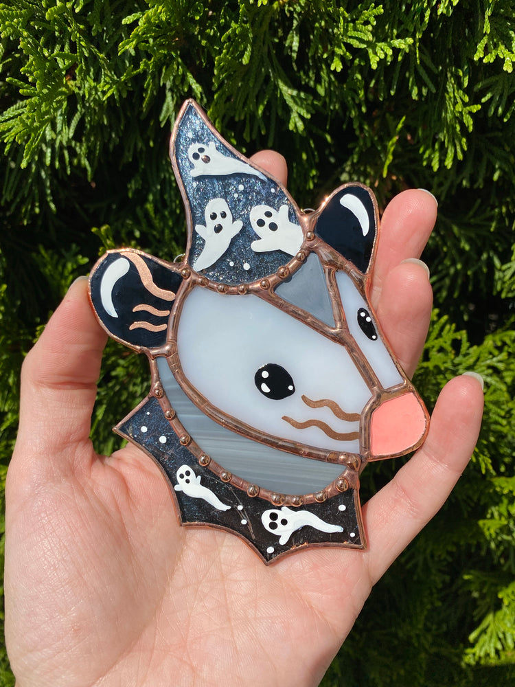 Mini Ghost Wizard Opossum Stained Glass Suncatcher