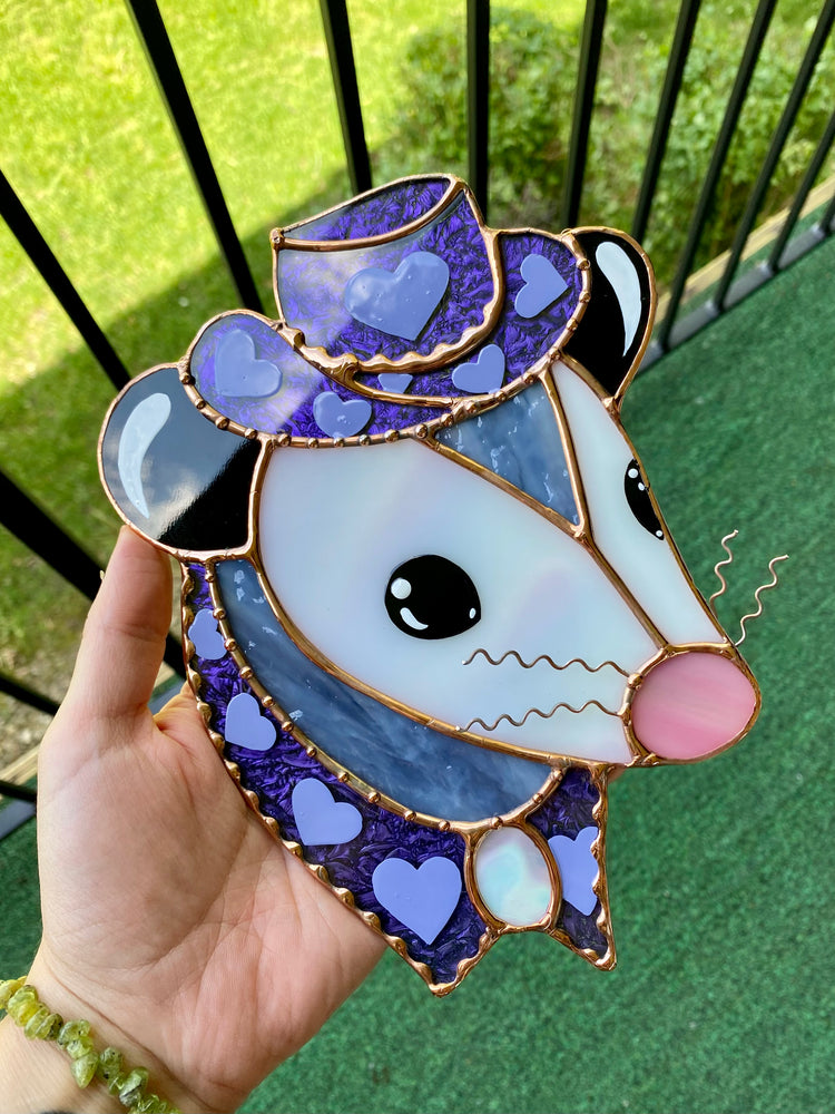 Purple Van Gogh Cowboy Opossum Stained Glass Suncatcher