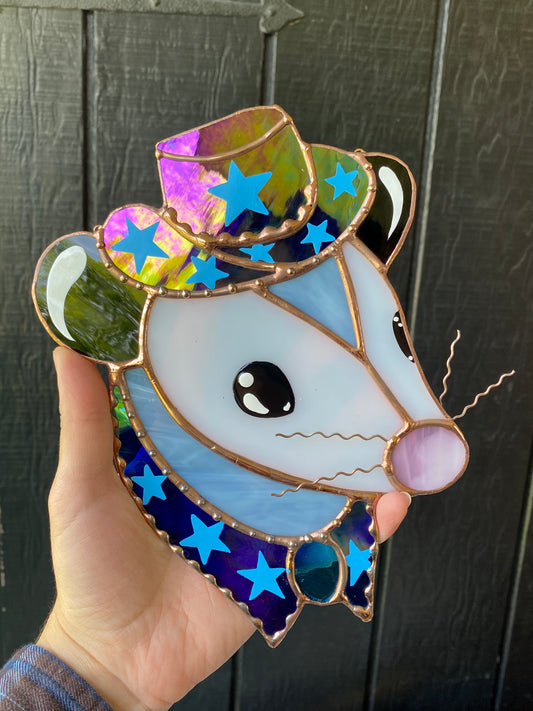 Blue Iridescent Cowboy Opossum Stained Glass Suncatcher