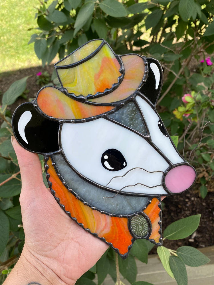 Tie Dye Cowboy Opossum Stained Glass Suncatcher