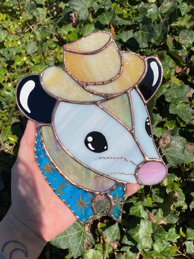 Blue and Gold Cowboy Opossum Stained Glass Suncatcher