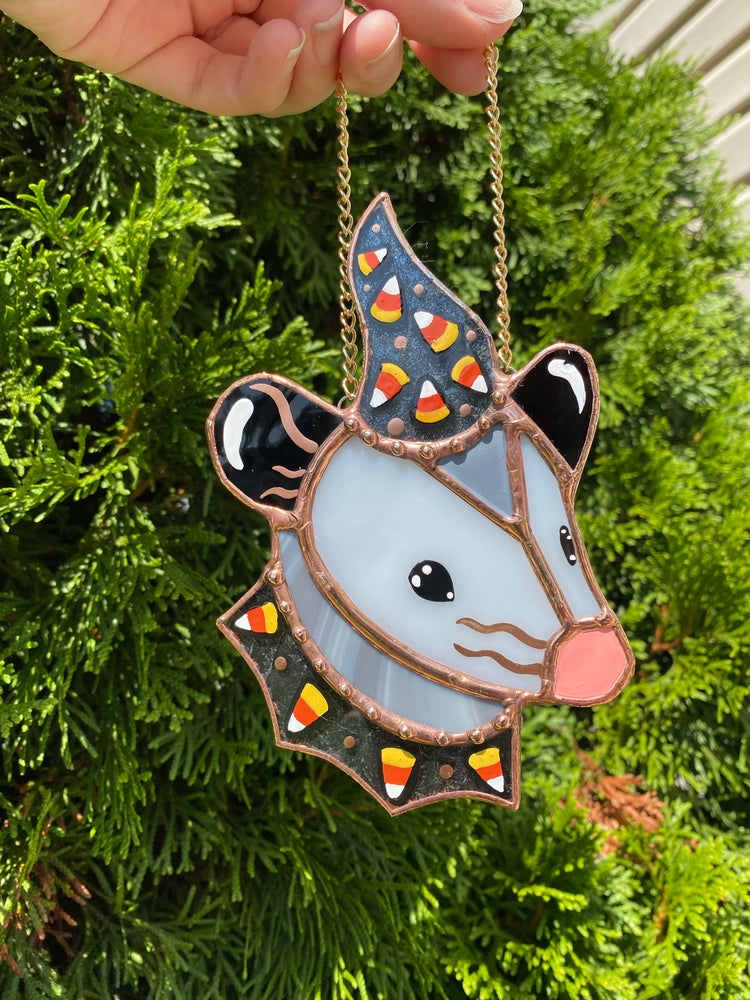 Mini Candycorn Wizard Opossum Stained Glass Suncatcher