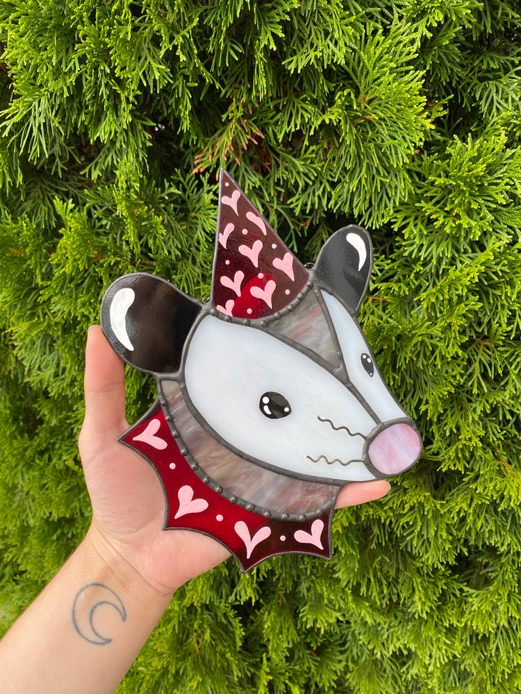 Red Valentine Opossum Stained Glass Suncatcher