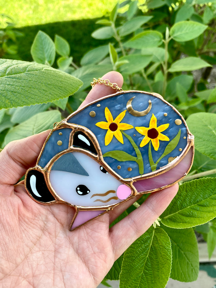 Mini Sleepy Sunflower Opossum Stained Glass Ornament