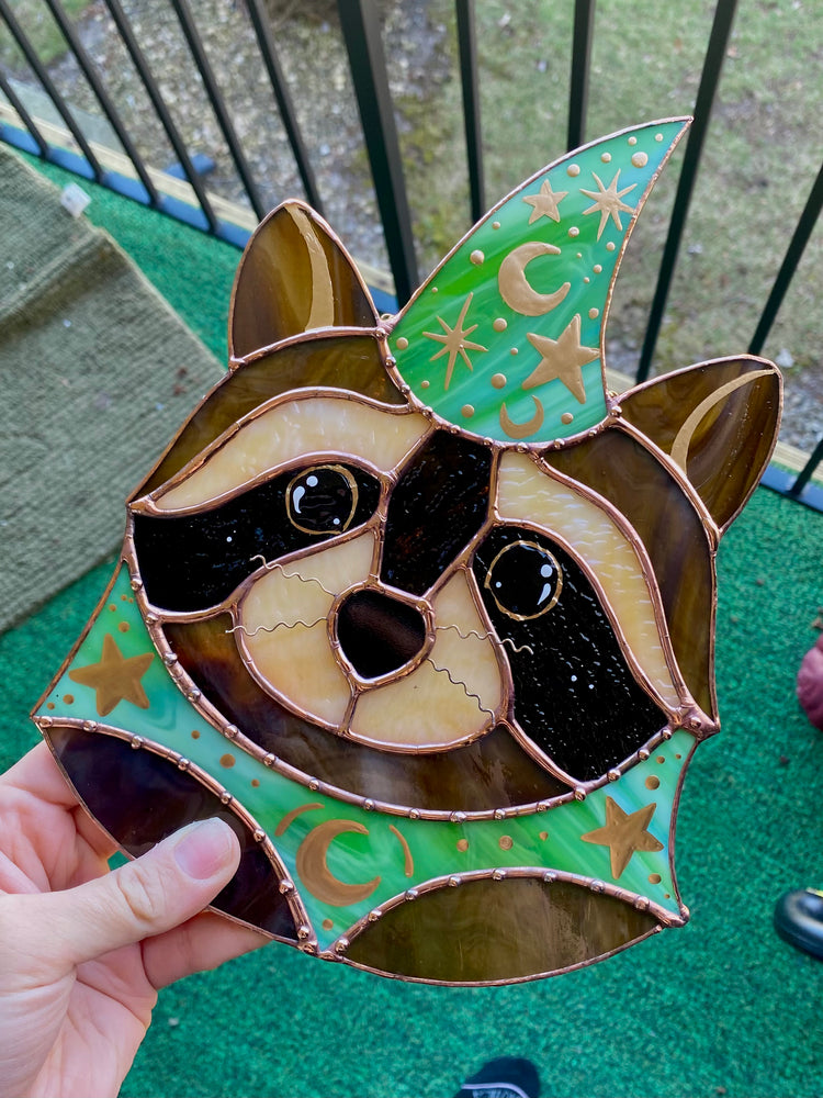 Swirly Green Wizard Raccoon Stained Glass Suncatcher