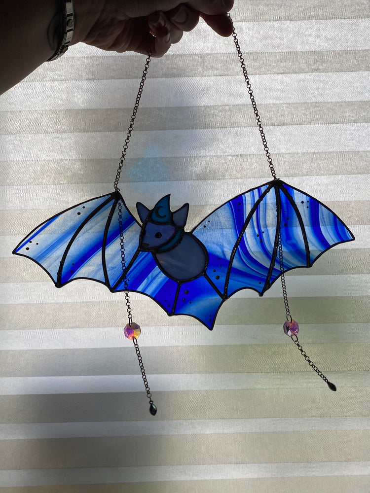 Blue Swirl Wizard Bat Stained Glass Suncatcher