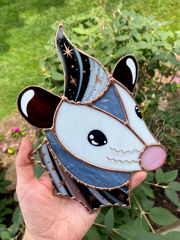 Black and White Wizard Opossum Stained Glass Suncatcher