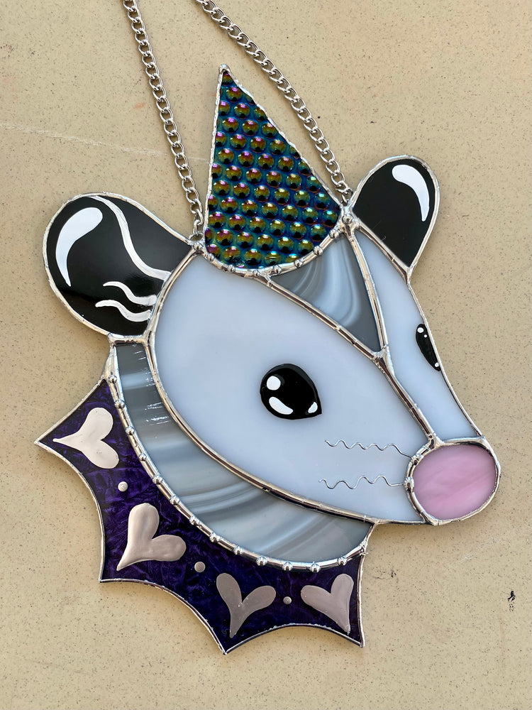 Cosmic Heart Wizard Opossum Stained Glass Suncatcher