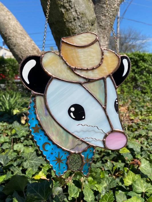 Blue and Gold Cowboy Opossum Stained Glass Suncatcher