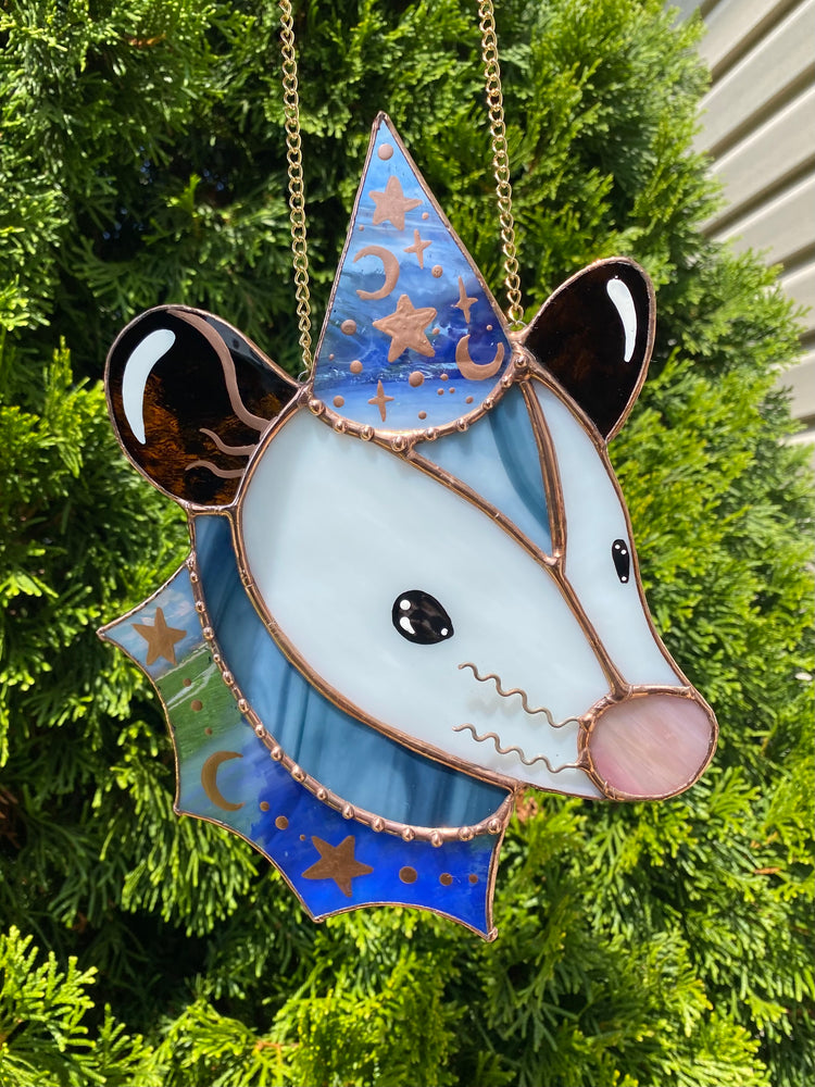 Irridescent Periwinkle Wizard Opossum Stained Glass Suncatcher