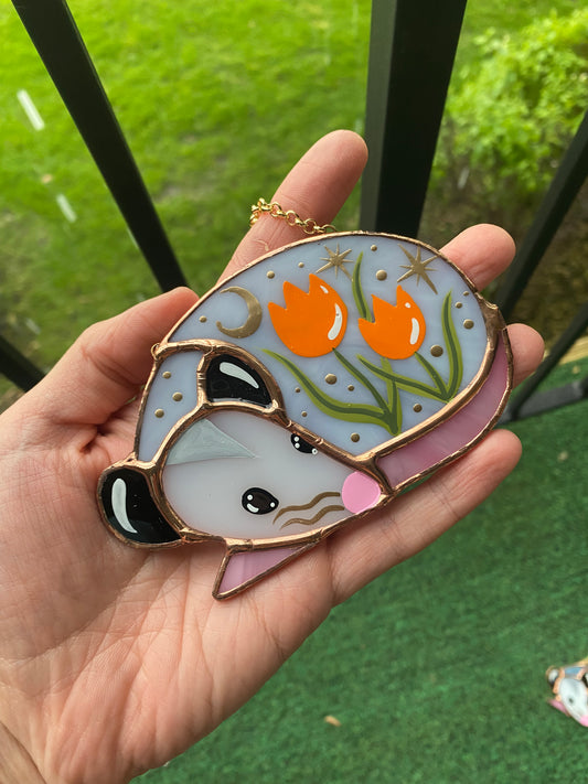 Mini Sleepy Orange Tulip Opossum Stained Glass Ornament