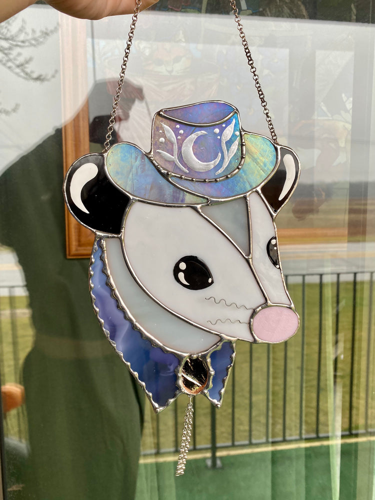 Purple Cowboy Opossum Stained Glass Suncatcher