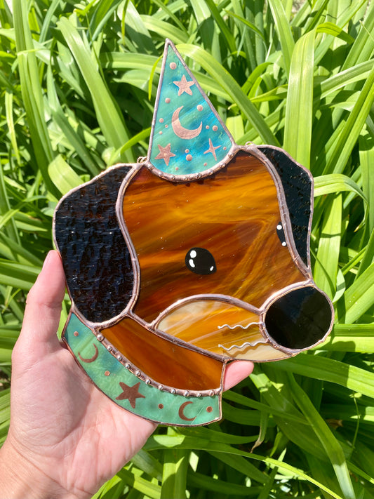 Green Wizard Puppy Stained Glass Suncatcher