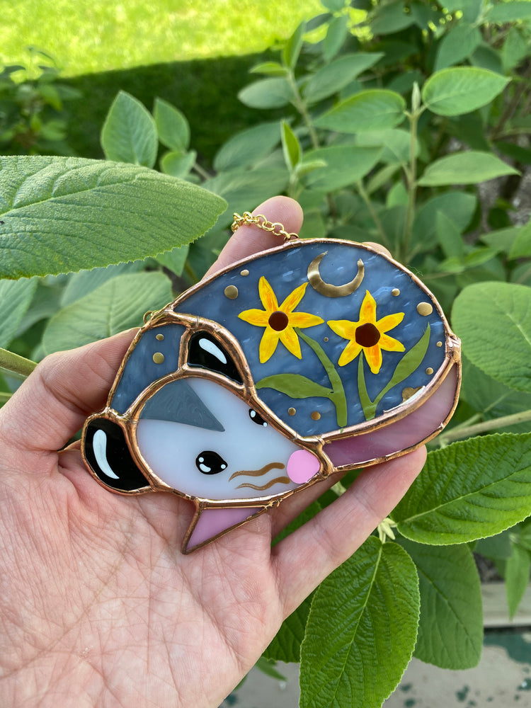 Mini Sleepy Sunflower Opossum Stained Glass Ornament