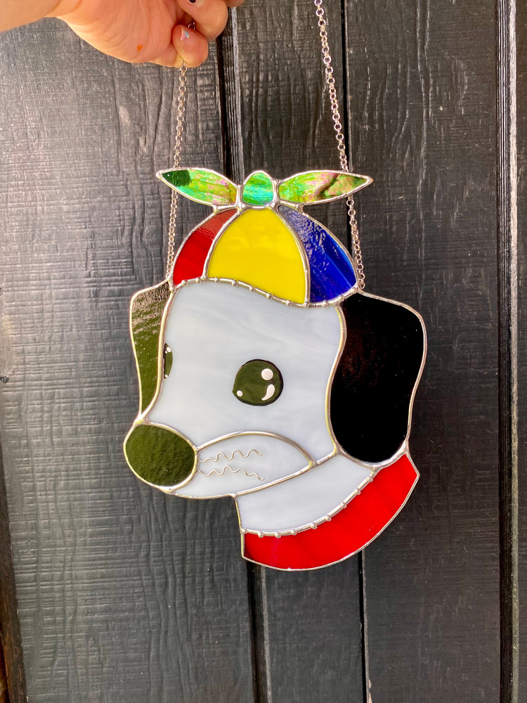 Helicopter Hat Puppy Stained Glass Suncatcher