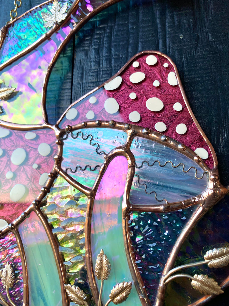 Magenta Mushroom Moon Stained Glass Suncatcher