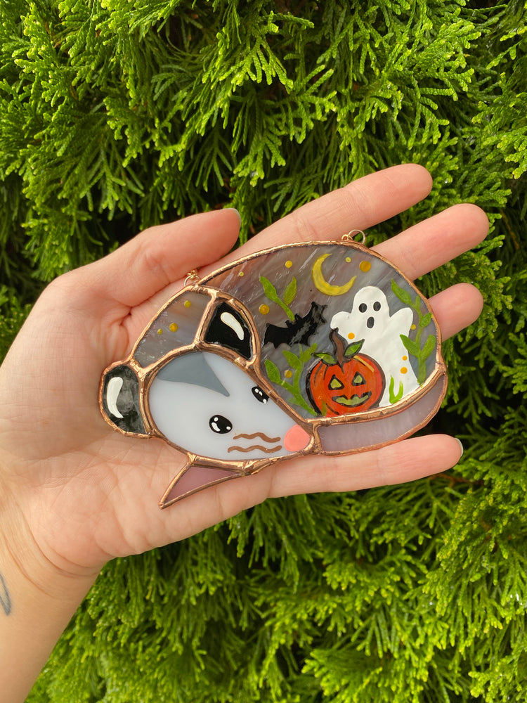 Pumpkin, Ghost, and Bat Sleepy Opossum Mini Stained Glass Suncatcher